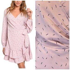 Women's Pink Sprinkle Faux Wrap Long Sleeve Ruffle Dress Size L